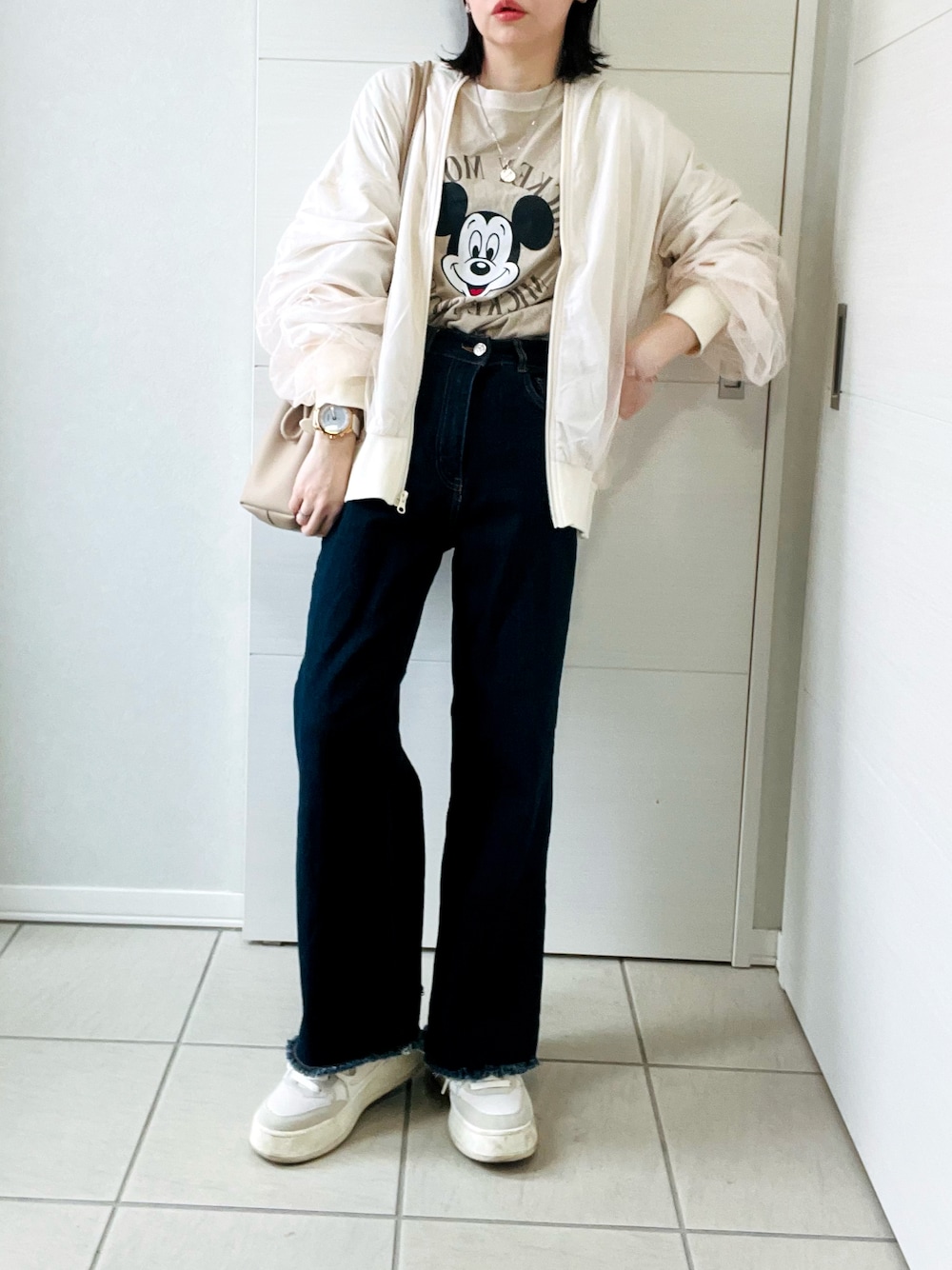 「春めき満開コーデ、春色、春コーデ、休日スタイル、低身長女子、低身長、低身長コーデ、tiptop_pocket、tipコーデ、ティップトップ、ブルゾン、チュール、休日、カラーコーデ」｜「tiptopのチュールレイヤードBIGブルゾン（ブルゾン、ホワイト系）」を使った、❁⃘asa❁⃘さん（レディース・150cm）の春コーディネートの1枚目の写真
