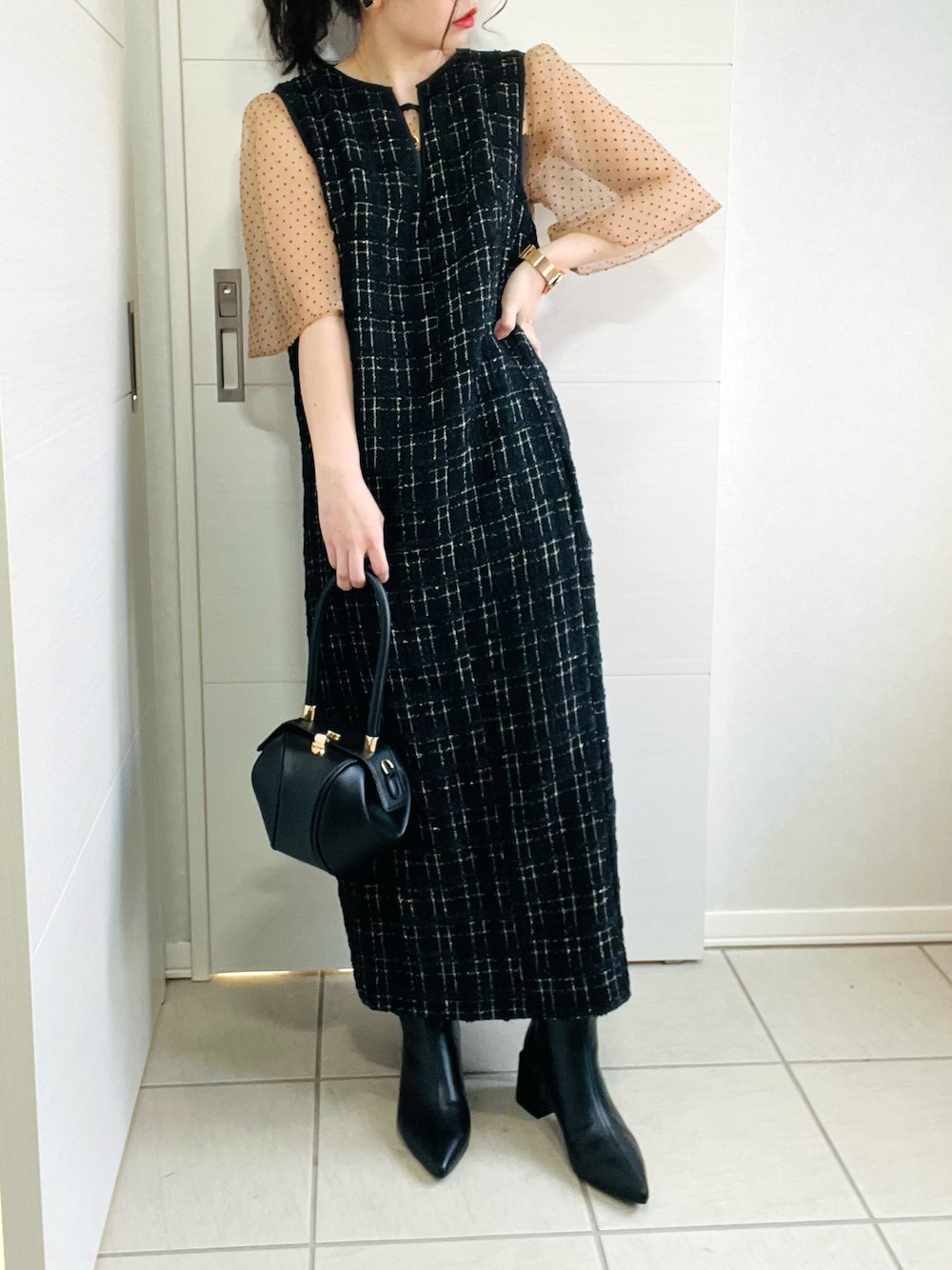 「結婚式、キレイめコーデ、ワンピース、ドレス、leja、クリスマスに着たい服、クリスマスコーデ、クリスマスプレゼント、uspoloassn、uspolo、USポロ、低身長、低身長コーデ、低身長女子、マイベストコーデ2022」｜「Lejaの【LEJA】インナーシアーブラウスセット刺繍チェックジャンスカロング丈ドレスワンピース美脚効果結婚式 パーティードレス（ドレス、ブラック系）」を使った、❁⃘asa❁⃘さん（レディース・150cm）の冬コーディネートの1枚目の写真