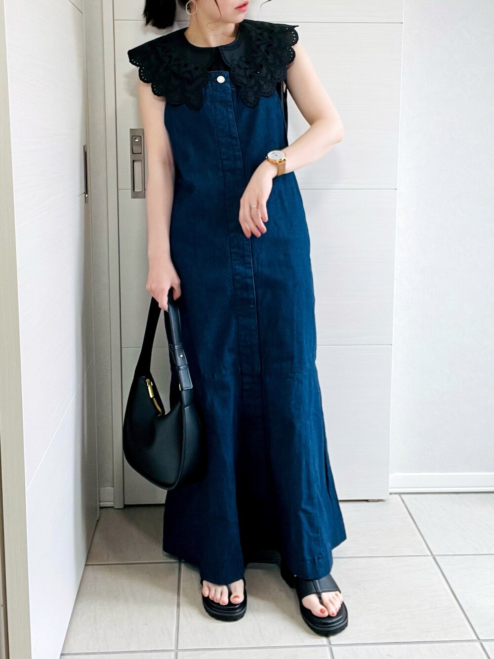 「夏コーデ、プチプラ、襟付きトップス、ハンチ、Hunch、わたしの日常服、きれいめカジュアル、マーメイドワンピース、ジャンスカ、ANGIE VINTAGE、大人かわいい、オトナ女子、低身長、低身長コーデ、低身長女子」｜「hunchのヘビロテしたくなる、ちょい甘レース衿ブラウス（シャツ/ブラウス、ブラック系）」を使った、❁⃘asa❁⃘さん（レディース・150cm）の夏コーディネートの1枚目の写真