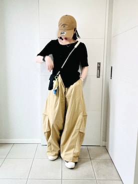 「tiptop（ティップトップ）のチョーカー付き前ギャザーテレコT（Tシャツ/カットソー、ブラック系）」を使った、❁⃘asa❁⃘さん（レディース・150cm）の夏コーディネート