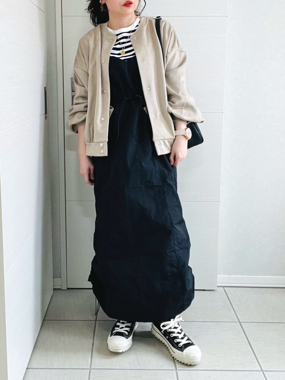 「春服デビュー宣言、フォッシル、Fossil、FOSSILSTYLE、tiptop、tiptop_pocket、tipコーデ、Fizz、fizz_zozotown、フィズ、ミリタリー、春アウター、低身長、低身長コーデ、低身長女子」｜「Fizzの【Fizz/フィズ】　フェイクスエードスタジャン（スタジャン、ベージュ系）」を使った、❁⃘asa❁⃘さん（レディース・150cm）の春コーディネートの1枚目の写真