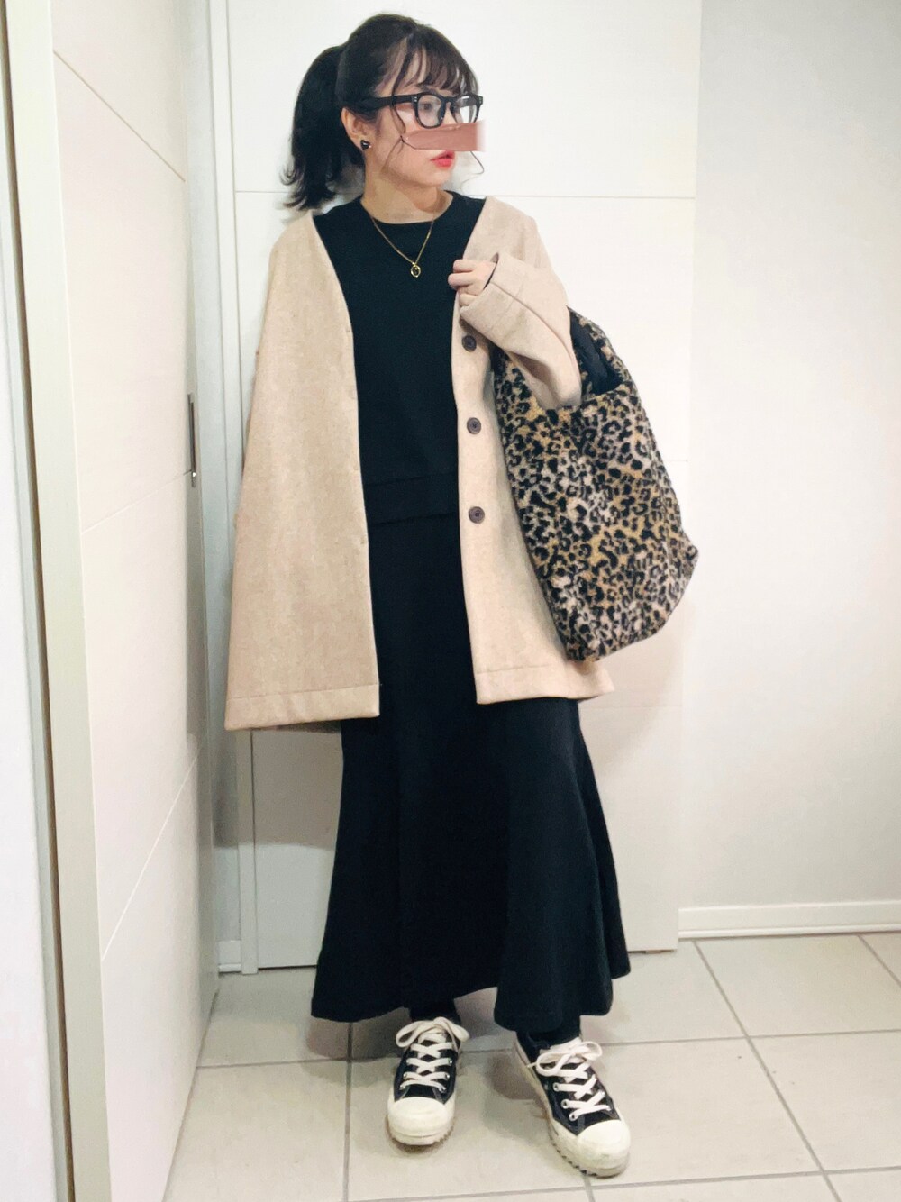 「休日スタイル、ANGIE VINTAGE、アンジーヴィンテージ、コクーンコート、Fizz、フィズ、オトナ女子、秋冬コーデ、きれいめカジュアル、大人かわいい、メガネ女子、シンプル、低身長、低身長コーデ、低身長女子」｜「ANGIEの【2022年新色追加】ノーカラーミドルコクーンコート（ノーカラーコート、ピンク系）」を使った、❁⃘asa❁⃘さん（レディース・150cm）の秋コーディネートの1枚目の写真