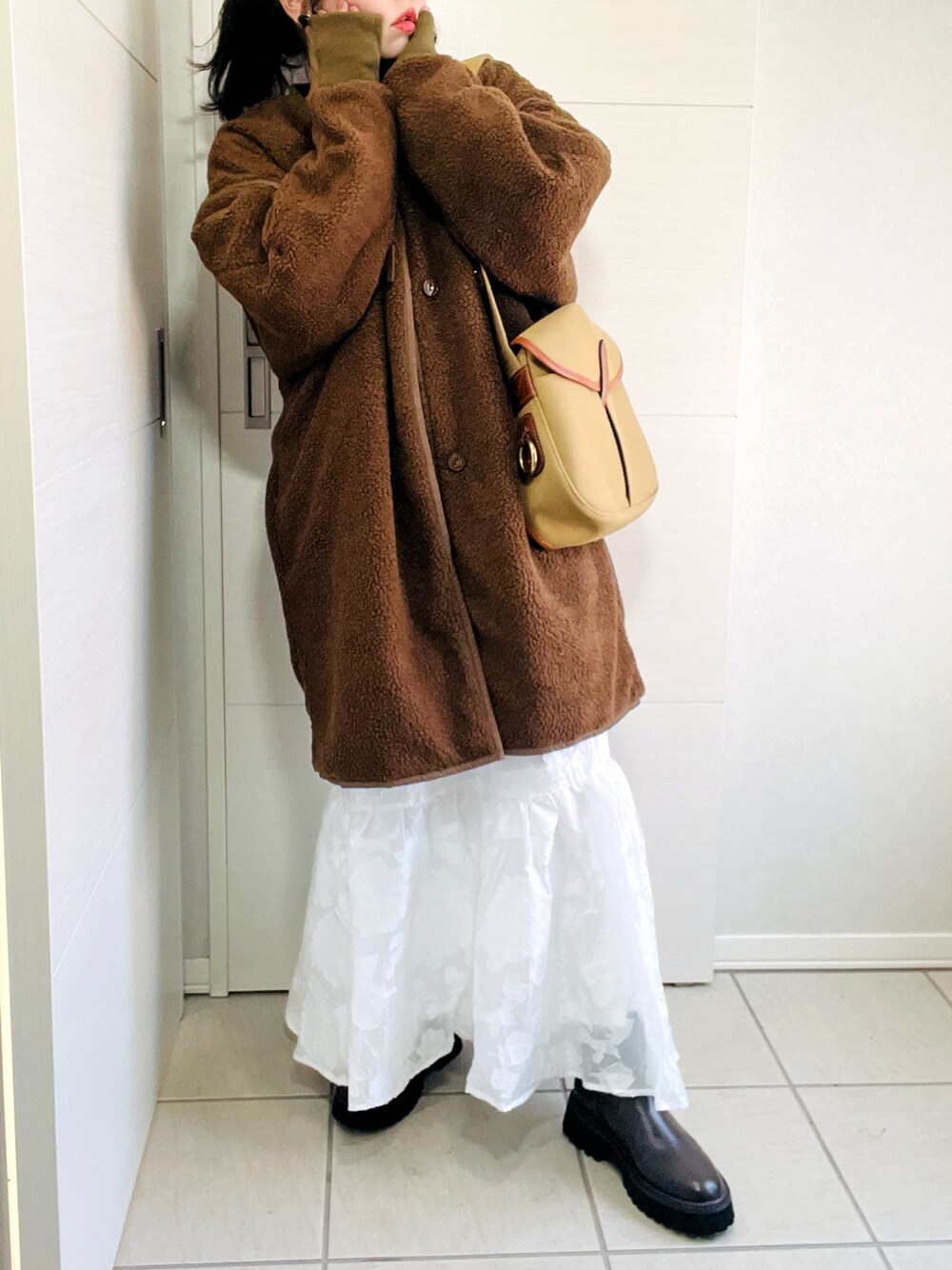 「カジュアルコーデ、カジュアルガーリー、冬コーデ、着回しコーデ、Crisp、Crispコーデ、ANGIE VINTAGE、オトナ女子、アンジーヴィンテージ、オトナカジュアル、クリスプ、プチプラ、低身長、低身長女子、低身長コーデ」｜「Crispのリバーシブルミリタリーボアコート（その他アウター、ブラウン系）」を使った、❁⃘asa❁⃘さん（レディース・150cm）の秋コーディネートの1枚目の写真
