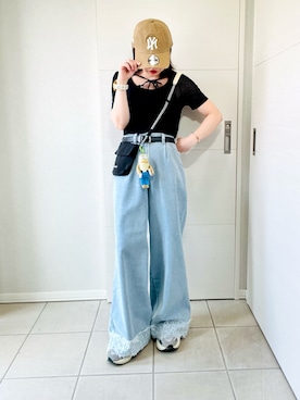 「tiptop（ティップトップ）の前後2wayリボン半袖Tシャツ（Tシャツ/カットソー、ブラック系）」を使った、❁⃘asa❁⃘さん（レディース・150cm）の夏コーディネート