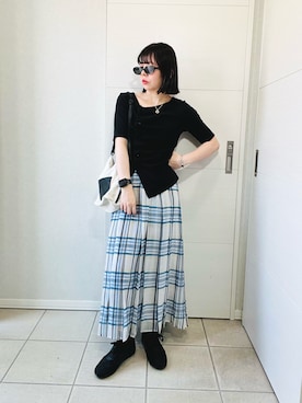 「tiptop（ティップトップ）のチョーカー付き前ギャザーテレコT（Tシャツ/カットソー、ブラック系）」を使った、❁⃘asa❁⃘さん（レディース・150cm）の秋コーディネート