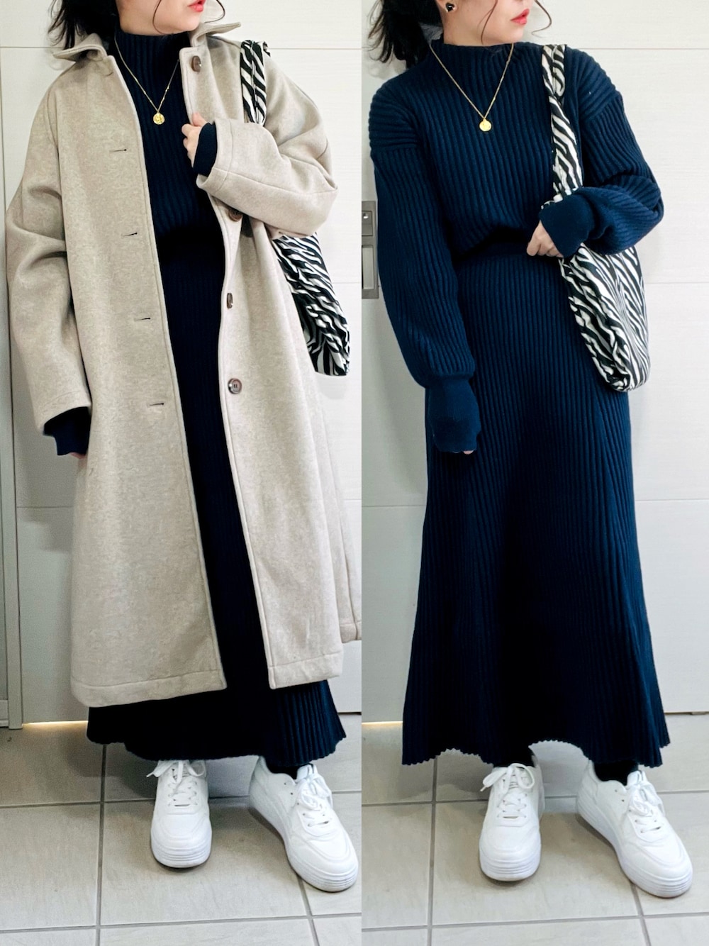 「大人カジュアル、冬コーデ、アウター、ステンカラーコート、ニットアップ、セットアップ、リノーム、renorm、renorm_official、ANGIE VINTAGE、アンジーヴィンテージ、オトナ女子、低身長、低身長コーデ、低身長女子」｜「ANGIEのウールライクステンカラーコート（ステンカラーコート、ベージュ系）」を使った、❁⃘asa❁⃘さん（レディース・150cm）の秋コーディネートの1枚目の写真