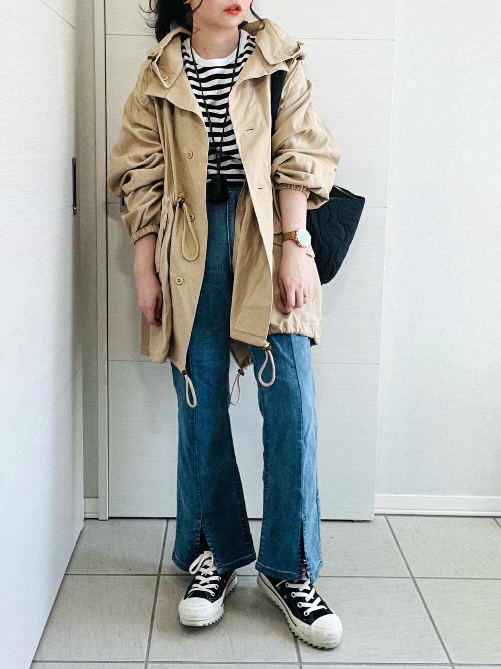 「春服デビュー宣言、大人カジュアル、カジュアルコーデ、春コーデ、シンプル、オーバーサイズ、スノーパーカー、オトナ女子、Crisp、crisp_style、Crispコーデ、クリスプ、低身長、低身長コーデ、低身長女子」｜「Crispのオーバースノーパーカー（モッズコート、ベージュ系）」を使った、❁⃘asa❁⃘さん（レディース・150cm）の春コーディネートの1枚目の写真
