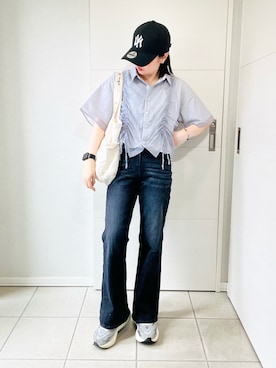 「Re:EDIT（リエディ）の[新色追加][2026S/S COLLECTION][低身長/高身長/大きいサイズ有]ストレッチデニムキックフレアパンツ（デニムパンツ、ブラック系）」を使った、❁⃘asa❁⃘さん（レディース・150cm）の夏コーディネート