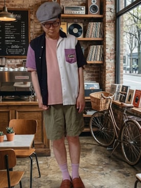 「UNIQLO（ユニクロ）のアイテム（Tシャツ/カットソー、ピンク系）」を使った、あらた暑くてコメント出来ない場合ありさん（メンズ・174cm）の夏コーディネート