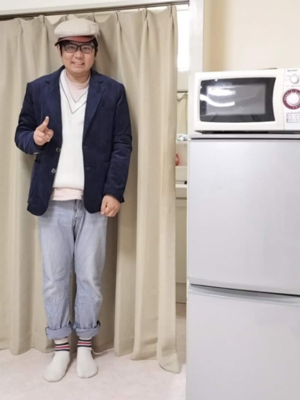 「マリン、マリンコーデ、大人カジュアル、シンプルコーデ、シンプル、シンプルスタイル、古着、古着MIX、古着コーデ、古着好きな人と繋がりたい、いいね、save、フォローお願いします🤑、帽子、帽子×メガネ、メンズファッション、今日のコーデ」｜「sheinのアイテム（テーラードジャケット、ブルー系）」を使った、あらたさん（メンズ・174cm）の春コーディネートの1枚目の写真