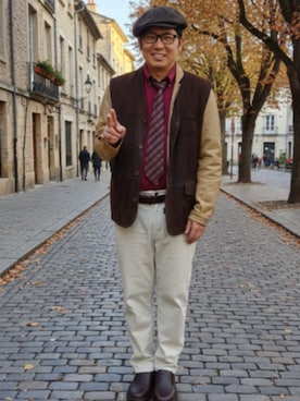 「GUCCI（グッチ）のアイテム（ネクタイ、レッド系）」を使った、あらたさん（メンズ・174cm）の冬コーディネート