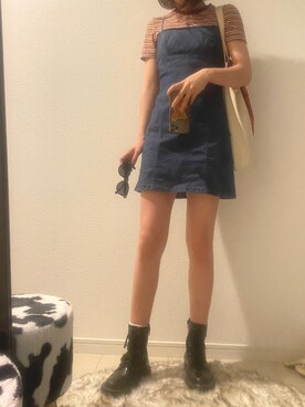 「H&M（エイチ・アンド・エム）のアイテム（Tシャツ/カットソー、ピンク系）」を使った、さなKoreaさん（レディース・156cm）の夏コーディネート