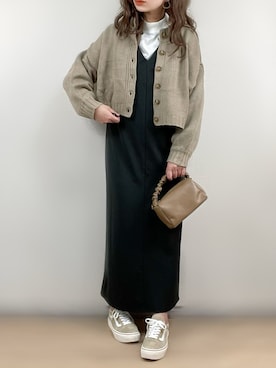 「ベージュ×ブラック」｜「アイテム（ワンピース/ドレス）」を使った、ange⭐︎さん（レディース・165cm）の冬コーディネート