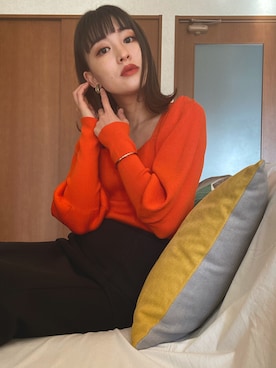 【SLY】オレンジ　ニット　レディース SLY ニット SQUARE N/C PUFF SLEEVE TOPS/スクエアネック