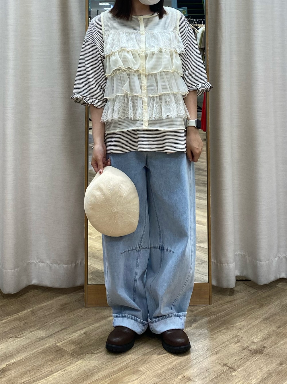 「Samansa Mos2、SM2、サマンサ モスモス(Samansa Mos2)、エスエムツー、ナチュラルガーリー、低身長コーデ、低身長」｜「Samansa Mos2の【消臭効果】リネン混ベレー帽（ハット、ホワイト系）」を使った、i.さん（レディース・150cm）の夏コーディネートの1枚目の写真