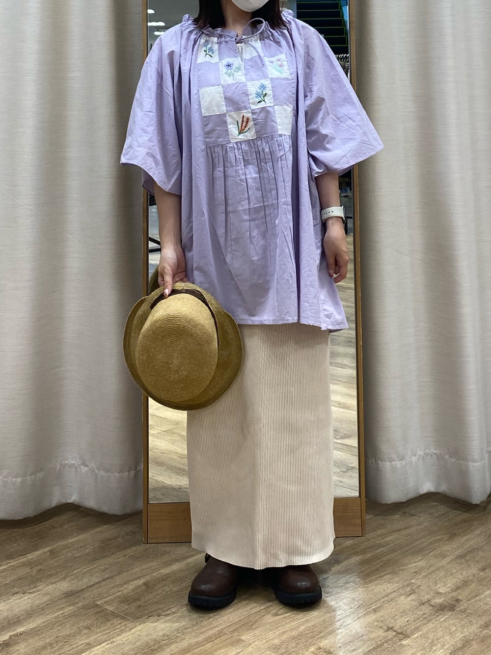 「Samansa Mos2、SM2、サマンサ モスモス(Samansa Mos2)、エスエムツー、低身長、低身長コーデ、ナチュラルガーリー」｜「Samansa Mos2のセルフカットリブナロースカート（スカート、ベージュ系）」を使った、i.さん（レディース・150cm）の春コーディネートの1枚目の写真