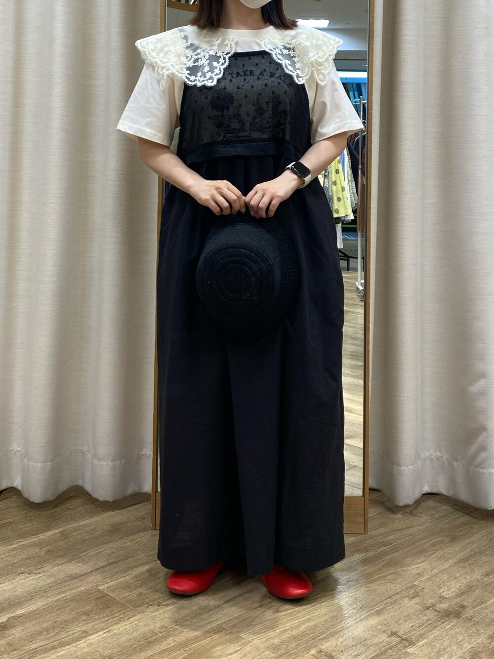 「Samansa Mos2、SM2、サマンサ モスモス(Samansa Mos2)、ゆべし×SamansaMos2、ゆべしコラボ、ガーリー、低身長コーデ、低身長」｜「Samansa Mos2のリボンフラットシューズ（ドレスシューズ、レッド系）」を使った、i.さん（レディース・150cm）の春コーディネートの1枚目の写真
