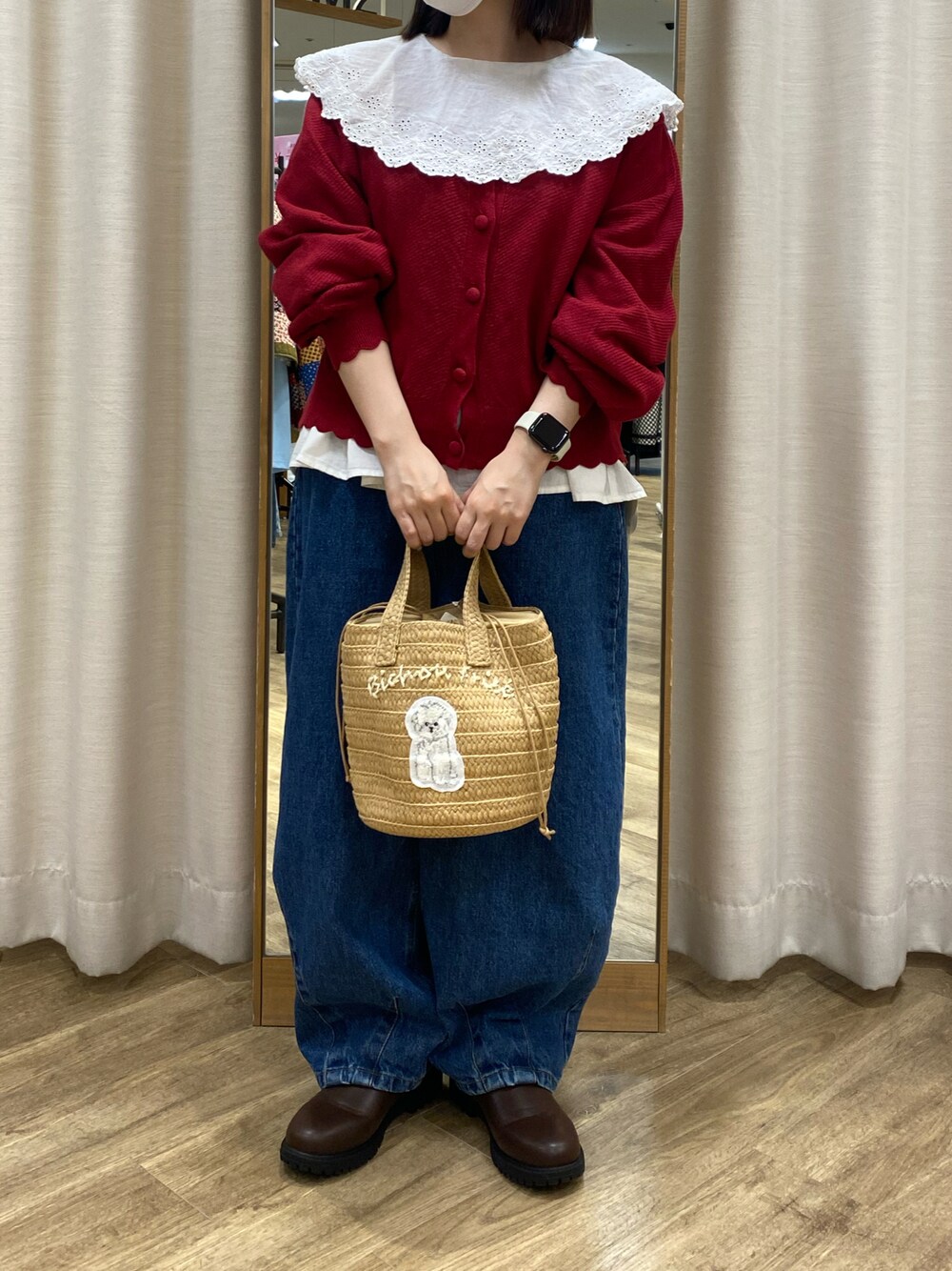 「Samansa Mos2、SM2、サマンサ モスモス(Samansa Mos2)、ゆべし×SamansaMos2、ゆべしコラボ、春コーデ、ナチュラル、低身長、低身長コーデ」｜「Samansa Mos2のドッグ刺繍カゴバッグ（ハンドバッグ、ホワイト系）」を使った、i.さん（レディース・150cm）の春コーディネートの1枚目の写真