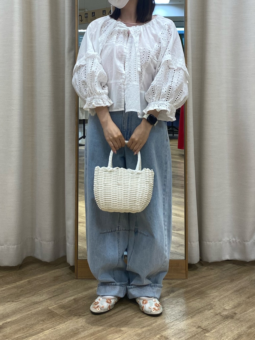 「Samansa Mos2、SM2、サマンサ モスモス(Samansa Mos2)、エスエムツー、ナチュラルガーリー、ボレロ、ボレロブラウス、低身長コーデ、低身長」｜「Samansa Mos2の花柄刺繍シアーシューズ（ドレスシューズ、ベージュ系）」を使った、i.さん（レディース・150cm）の夏コーディネートの1枚目の写真