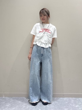 「LOWRYS FARM（ローリーズファーム）のハイウエストバギーデニム 637569（デニムパンツ、ブルー系）」を使った、yuicoさん（レディース・157cm）の春コーディネート