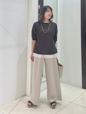 「UNTITLED（アンタイトル）の【ゆったり/リラクシー】リネンボートネックプルオーバー（ニット/セーター、ブラウン系）」を使った、wostomoさん（レディース）の夏コーディネート