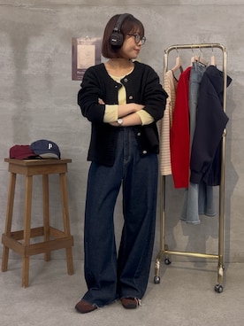 「COLLAGE GALLARDAGALANTE（コラージュガリャルダガランテ）の前後2WAY/人気シリーズ/ヤクライクカーディガン/WEB限定（カーディガン/ボレロ、ブラック系）」を使った、noko さん（レディース・155cm）の秋コーディネート