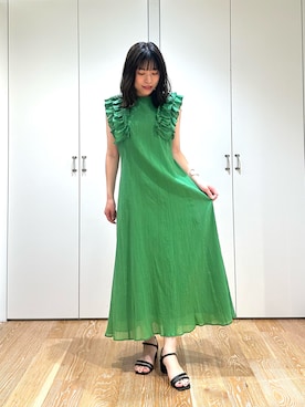 「N.（N. Natural Beauty Basic）（エヌエヌナチュラルビューティーベーシック）のデザインフリル楊柳ワンピース（ワンピース、グリーン系）」を使った、kannaさん（レディース・157cm）の夏コーディネート