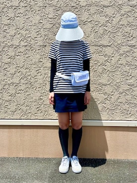 「adabat（アダバット）の2WAYワイドサンバイザー【UVカット】（ハット、ホワイト系）」を使った、こまさん（レディース・165cm）の夏コーディネート
