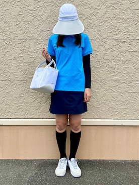 「adabat（アダバット）の2WAYワイドサンバイザー【UVカット】（ハット、ホワイト系）」を使った、こまさん（レディース・165cm）の夏コーディネート