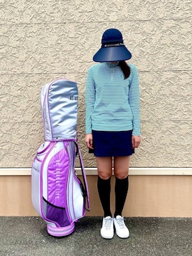 「adabat（アダバット）の2WAYワイドサンバイザー【UVカット】（ハット、ブルー系）」を使った、こまさん（レディース・165cm）の夏コーディネート