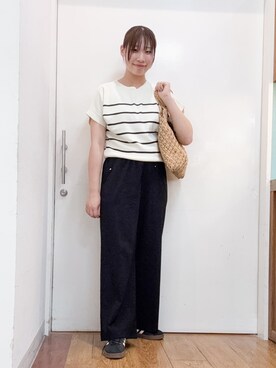 「SHOO・LA・RUE（シューラルー）の【毎日洗える/ひんやり/UV/S-LL】二の腕隠れる さらっとドルマン半袖ニット（Knitwear、ベージュ系）」を使った、栗山 花凜さん（レディース）の春コーディネート