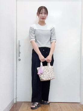 「SHOO・LA・RUE（シューラルー）の【毎日洗える/S-LL/ひんやり/UV】上半身すっきり 二の腕見せない5分袖ニット（Knitwear、ホワイト系）」を使った、栗山 花凜さん（レディース）の春コーディネート