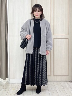 「SHOO・LA・RUE（シューラルー）の【洗濯機可】即サマになる ノーカラー ボアブルゾン（ブルゾン、グレー系）」を使った、kaneさん（レディース・158cm）の秋コーディネート