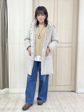 「SHOO・LA・RUE（シューラルー）の【撥水/フード取り外し可】自然にくびれる あったかダイヤ柄キルトコート【CIRCRIC】（その他アウター、ベージュ系）」を使った、kaneさん（レディース・158cm）の秋コーディネート