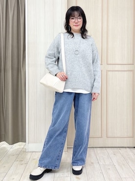 「SHOO・LA・RUE（シューラルー）の【洗濯機可】お気に入りカラーを身にまとって　ふんわりゆるニット（ニット/セーター、グレー系）」を使った、kaneさん（レディース・158cm）の冬コーディネート