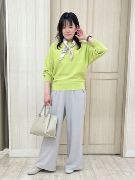 「SHOO・LA・RUE（シューラルー）の【洗濯機可/S-LL】さらりと軽やか インせず着られる すっきり見えドルマンニット（ニット/セーター、グリーン系）」を使った、kaneさん（レディース・158cm）の春コーディネート