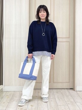 「SHOO・LA・RUE（シューラルー）の【高レビュー/洗濯機可/S-LL】さらに軽くなった スポンディッシュ裾フェイクトップス（ニット/セーター、ブルー系）」を使った、kaneさん（レディース・158cm）の冬コーディネート
