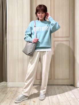 「SHOO・LA・RUE（シューラルー）の【洗える/ちくちくしにくい/静電気軽減】スウェットライク ロゴニット（ニット/セーター、グリーン系）」を使った、kaneさん（レディース・158cm）の冬コーディネート