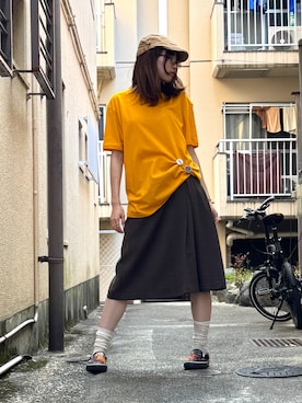 「CALIFORNIA OUTFITTERS（カリフォルニア アウトフィッターズ）のSTD-4D24 5.6オンス　スタンダード ウェイト Ｔシャツ（Tシャツ/カットソー、イエロー系）」を使った、うゆにさん（レディース・162cm）の夏コーディネート