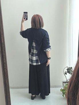 「nissen（ニッセン）の＜大きいサイズ＞ベロアプリーツパンツ（パンツ、ブラック系）」を使った、kinakoさんさん（レディース・163cm）の秋コーディネート