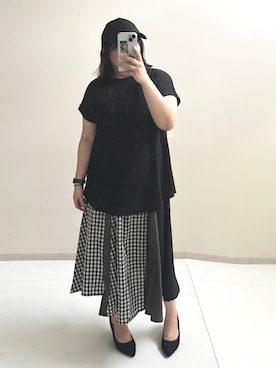 「nissen（ニッセン）の＜大きいサイズ＞カットレースバックギャザートップス（Tシャツ/カットソー、ブラック系）」を使った、kinakoさんさん（レディース・163cm）の春コーディネート