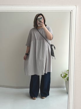 「nissen（ニッセン）のJouet（ジョエット）艶マット合皮のシンプル巾着ショルダーバッグ（ショルダーバッグ、グレー系）」を使った、kinakoさんさん（レディース・163cm）の夏コーディネート
