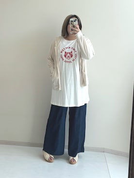 「nissen（ニッセン）の＜大きいサイズ＞綿100％楽ちんデニムガウチョパンツ（ゆったりヒップ）（パンツ、ブルー系）」を使った、kinakoさんさん（レディース・163cm）の夏コーディネート