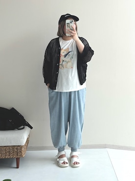 「nissen（ニッセン）の＜大きいサイズ＞楽ちんデニム裾リブパンツ（ゆったりヒップ）（パンツ、ブルー系）」を使った、kinakoさんさん（レディース・163cm）の夏コーディネート
