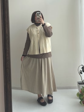 「nissen（ニッセン）の＜大きいサイズ＞配色メロウプチハイカットソートップス（Tシャツ/カットソー、ブラウン系）」を使った、kinakoさんさん（レディース・163cm）の秋コーディネート