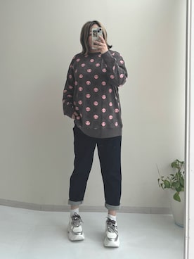 「nissen（ニッセン）のすごのびストレッチデニムストレートパンツ（ゆったり太もも）（選べる3レングス）＜大きいサイズ有＞（チノパンツ、ブルー系）」を使った、kinakoさんさん（レディース・163cm）の夏コーディネート