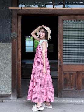 「sheinのアイテム（ワンピース、レッド系）」を使った、asupiさん（レディース・154cm）の夏コーディネート