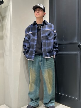 「BEAVER（ビーバー）のB omnivore/ビーオムニボー　HAND STITCH SHIRT（シャツ/ブラウス、ブルー系）」を使った、hyuumaaさん（メンズ・165cm）の春コーディネート