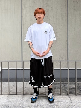 「NEW ERA（ニューエラ）のXLARGE×NEW ERA PERFORMANCE S/S TEE（Tシャツ/カットソー、ホワイト系）」を使った、ｺﾏｳｨさん（メンズ・172cm）の夏コーディネート
