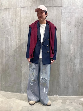 「JOURNAL STANDARD（ジャーナルスタンダード）のT/W ダブルブレスト ブレザー（その他アウター、ブルー系）」を使った、小山さん（メンズ・171cm）の冬コーディネート